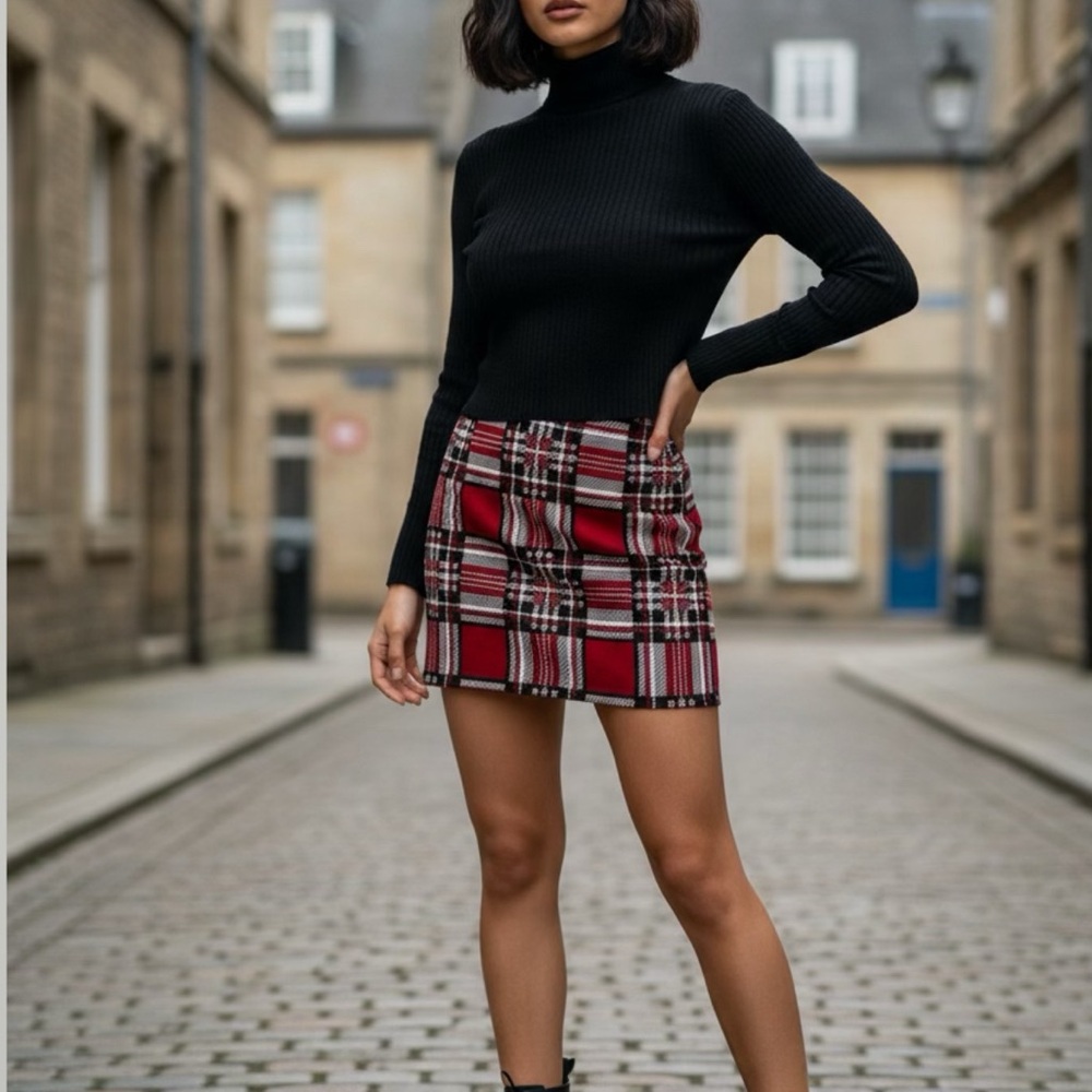 Plaid Mini Skirt - Red and Black